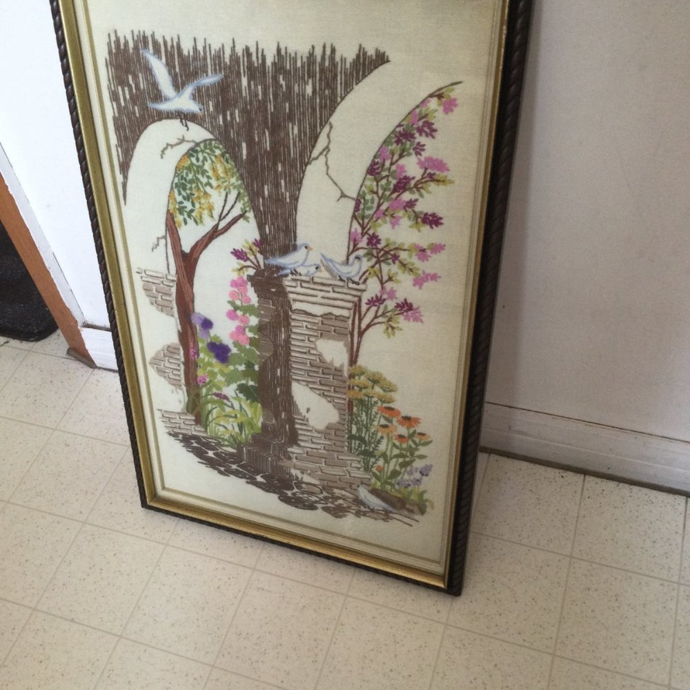 Vintage big embroidery art framed 1975 National Paragon design tree flower bird